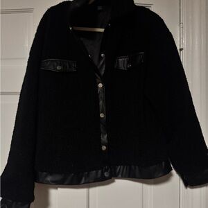 SHEIN Black Teddy Jacket with Leather Accents